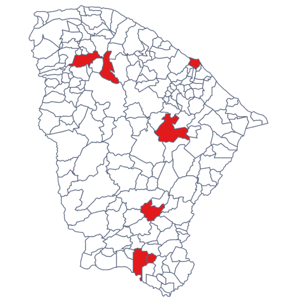 mapa do Ceará com cidades marcadas em vermelho